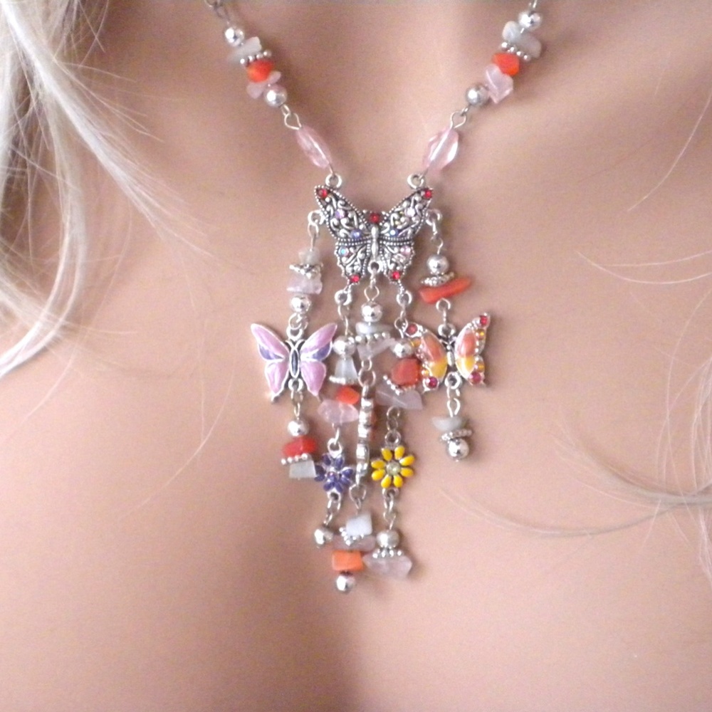 Fun Butterfly Crystal Charm Silver Plated Necklace
